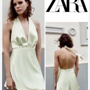 Zara satin effect mini halter jewel light green open back dress